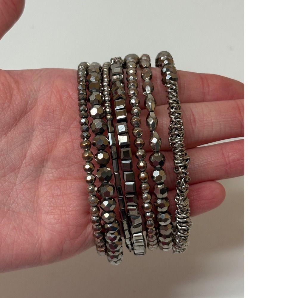 Gunmetal Beaded Multi Strand Wrap Coil Bracelet Textured Hematite Tone